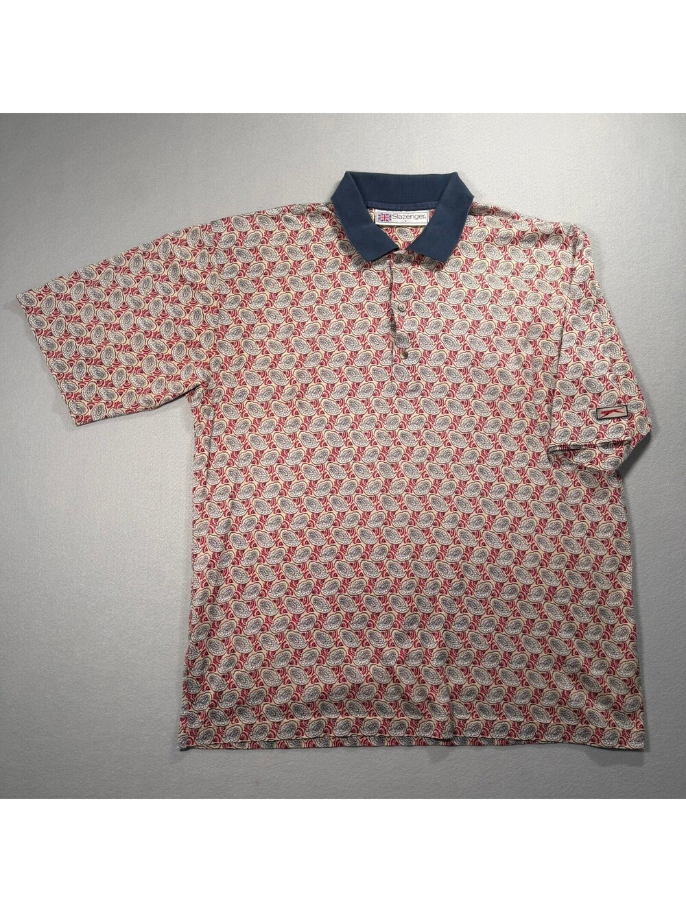 Vintage 1990s Slazenger Paisley Polo Shirt Mens Large All Over Print Golf Navy